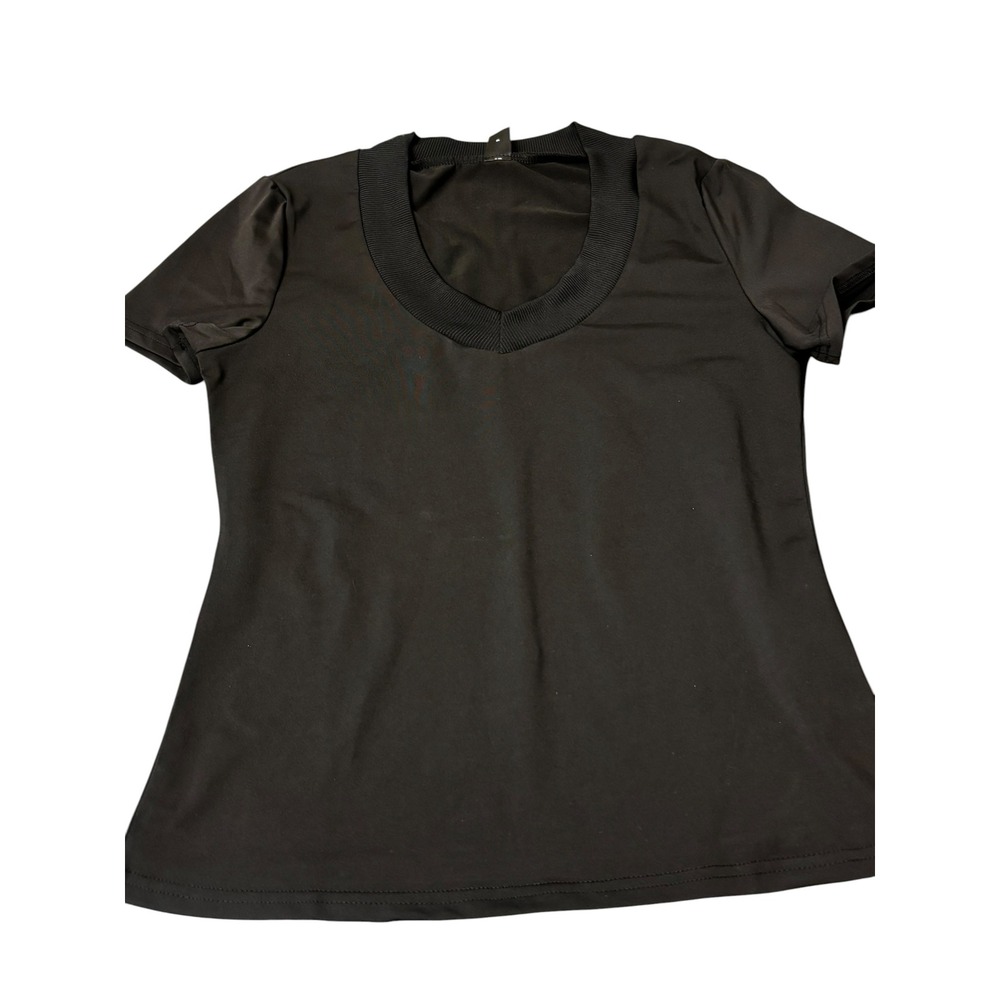 SHEIN Black Short Sleeve Ribbed Wide V-Neck Top Size Large